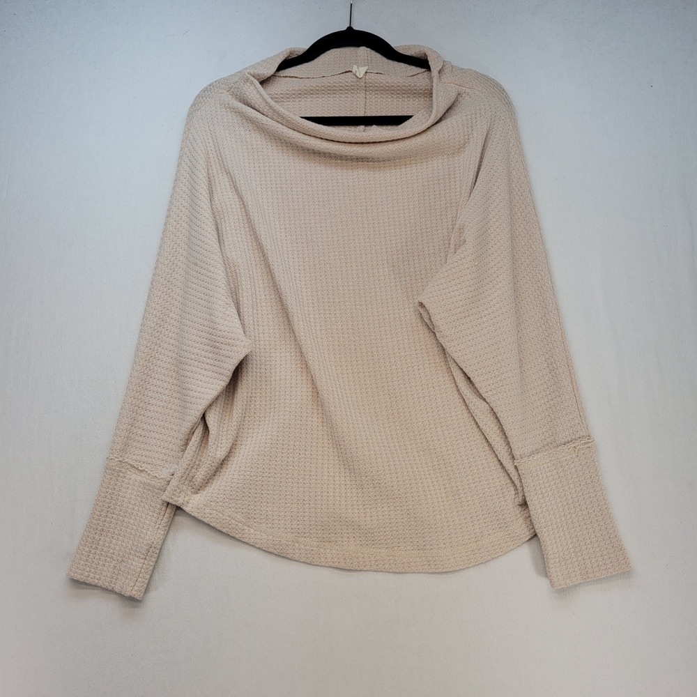 Wishlist Cowl Neck Top Womens Large Beige Boho Waffle Knit Long Sleeve Relaxed